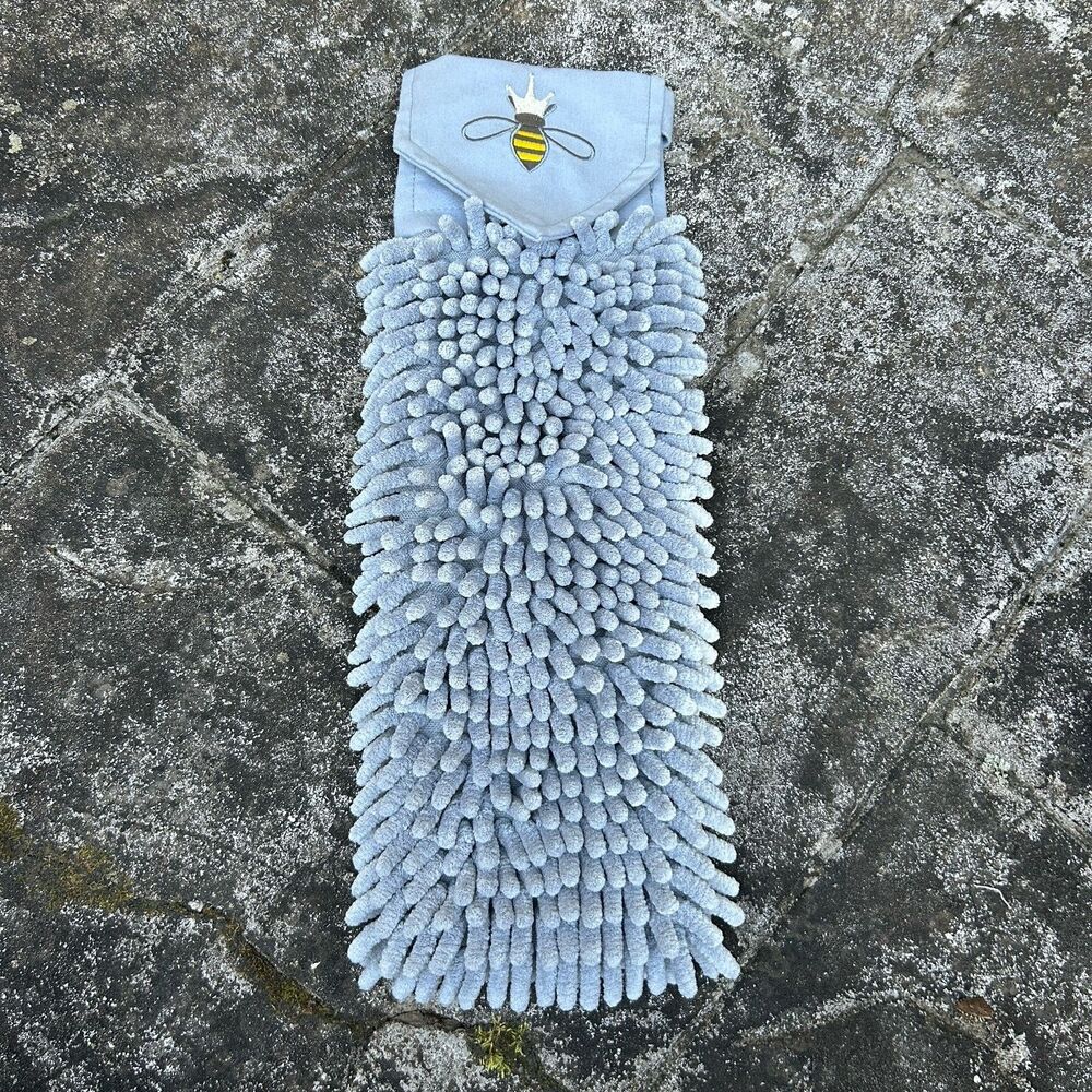Norwex Chenille Hanging Hand Towel Denim Blue Crowned Bumble Bee BacLock
